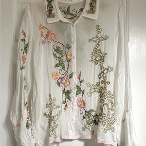 Johnny Was white Ramie blouse with Floral embroidery size XL